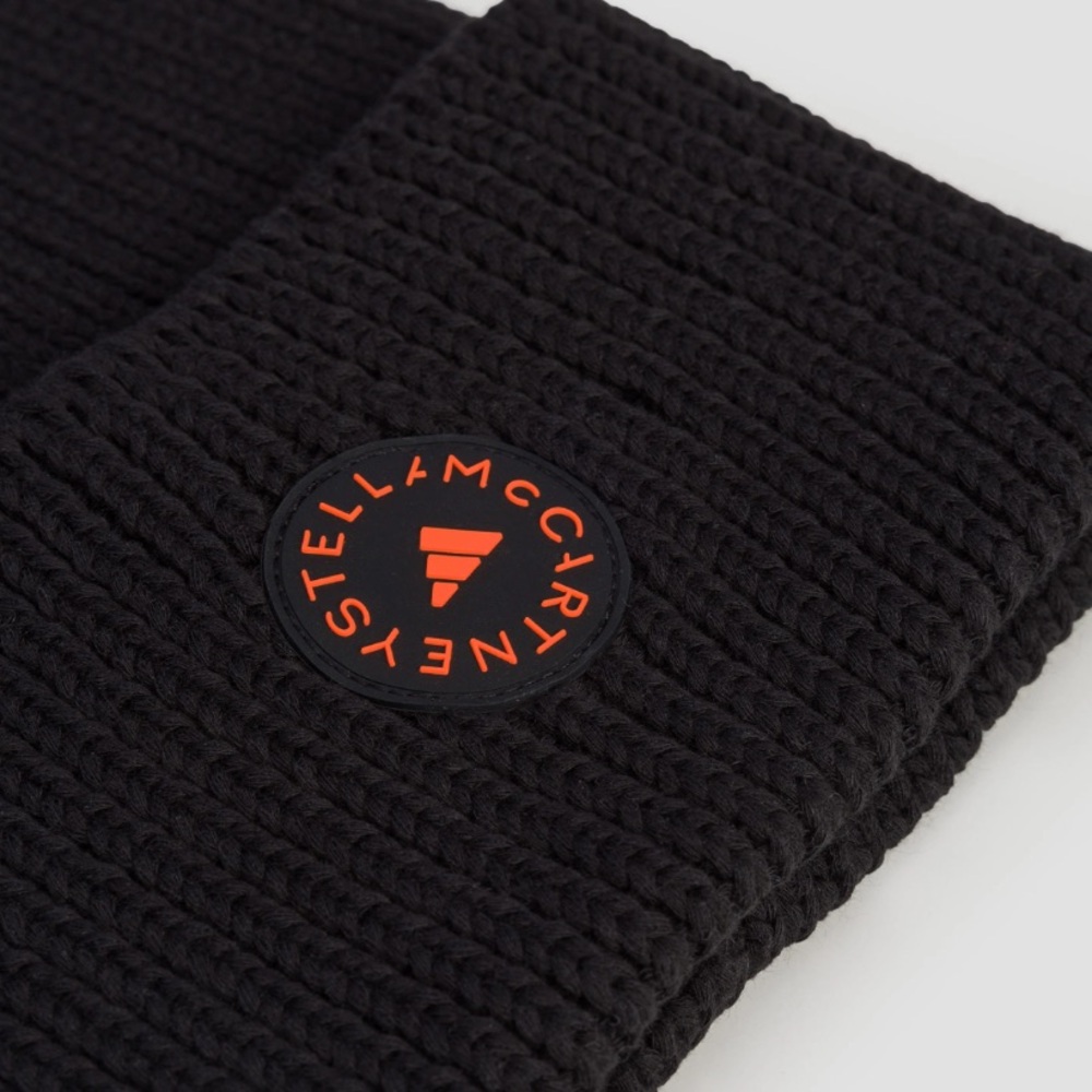 NWT Adidas By Stella McCartney Black Ribbed Knit Beanie with Orange Logo - Picture 3 of 13